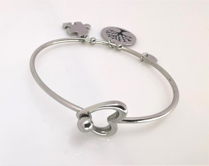 Edelstaal smalle ronde Armband met 3 bedel.