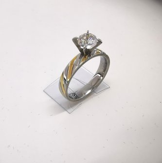 Edelstahl Ringe Silberring mit Goldfarbe schr&auml;gen Streifen besetzt 5mm Zirkonia, box 36 st