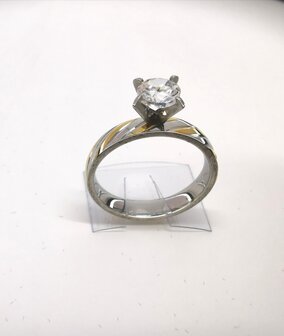 Edelstahl Ringe Silberring mit Goldfarbe schr&auml;gen Streifen besetzt 5mm Zirkonia, box 36 st