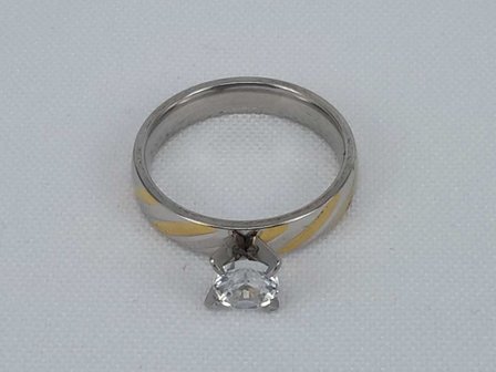 Edelstahl Ringe Silberring mit Goldfarbe schr&auml;gen Streifen besetzt 5mm Zirkonia, box 36 st