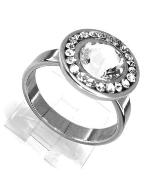 Edelstaal Ringen zilverkleurig rond met 7mm zirkonia en rond omheen strass steentjes, doos 36 st