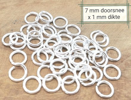 50 x 925 versilbert - Offene Ringe - Befestigungsringe -  D 1 &times; &Oslash; 7 mm