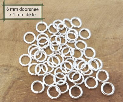 50 x 925 versilbert - Offene Ringe - Befestigungsringe -  D 1 &times; &Oslash; 6 mm