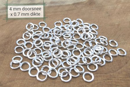 100 x 925 versilbert - Offene Ringe - Befestigungsringe - D 0.7 &times; &Oslash; 4 mm