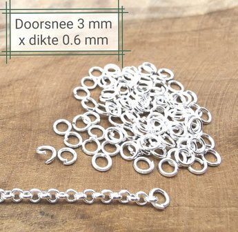 100 x 925 versilbert - Offene Ringe - Befestigungsringe - D 0,6 &times; &Oslash; 3 mm