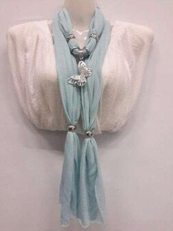 Sjaal met zilverkleurige hanger: vlinder geheel in strass, in 5 kleuren