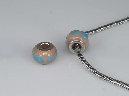 Bedeltje: pandora style murano, beige met lichtblauw, per 6