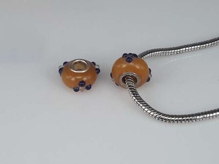 Bedeltje: pandora style murano, lichtgeel-bruin, donkerblauw, per 6