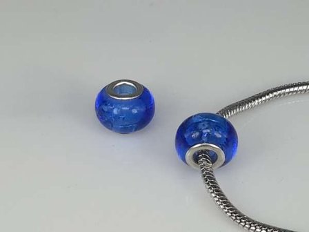 Bedeltje: pandora style murano, blauw, zilver, per 6