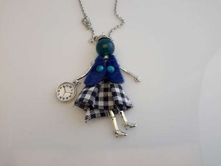 Schakelketting, metaal, hanger: poppetje, jurkje wit-donkerblauw, vestje blauw