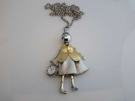 Schakelketting, metaal, hanger: poppetje, jurk zilverkleur, cape goudkleur