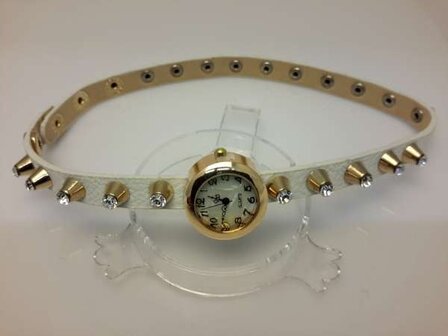 Armbandhorloge, PU leren wrap (2), goudkleur, 20 zirkonia&#039;s op studs, 4 kleuren