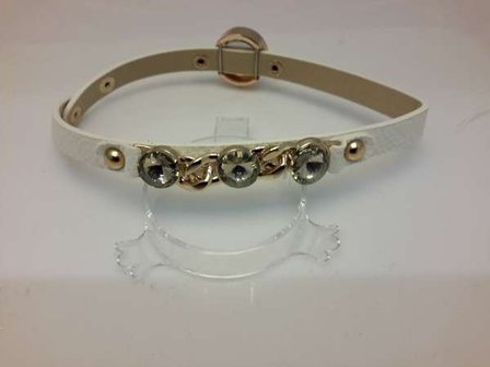 Armbandhorloge, PU leren wrap (2), goudkleur, schakelketting en 3 grote facet geslepen kristal, 5 kleuren