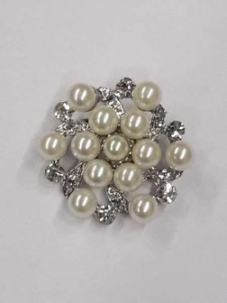 Broche, Silverfarbig, rozet mit perlen und kristalglass