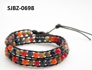 Wrap armband, bruin leer, ronde herfst/winterkleurige Agaat edelstenen kralen