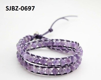 Wrap armband, bruin leer, ronde paarse Amethyst semi-precious edelstenen kralen