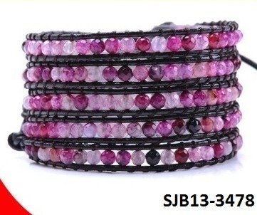 Wrap armband, zwart leer, ronde roze, paarse Agaat edelstenen kralen