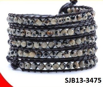 Wrap armband, bruin leer, ronde Dalmatische Jaspis half edelstenen kralen