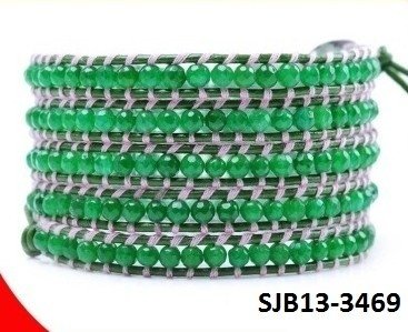 Wrap armband, lichtgroen leer, ronde mintgroene Agaat edelstenen kralen