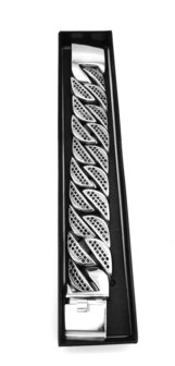 XXL Extra Brede Gepolijst Roestvrij Staal Schakelarmband met zwarte kristal steentjes L 24 cm