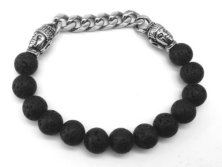 Lavastein-Armband mit Edelstahl-Buddha &ndash; kubanische Gliederkette. L 22 cm