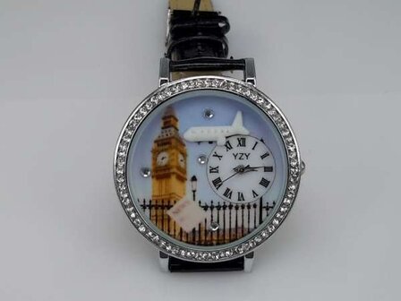 Horloge, zilverkleur, strass, PU leren band, klok: &quot;big ben&quot;, vliegtuig, zwart