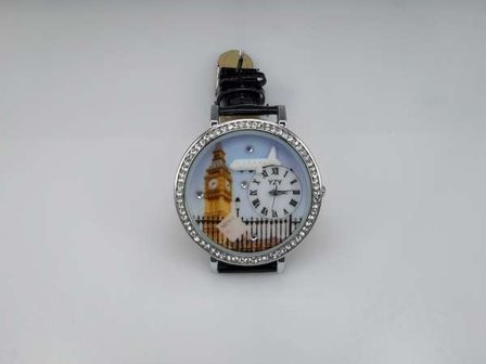 Horloge, zilverkleur, strass, PU leren band, klok: &quot;big ben&quot;, vliegtuig, zwart