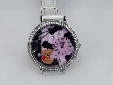 Horloge, zilverkleur, strass, PU leren band, klok: jurkje, buideltje, 3 kleuren