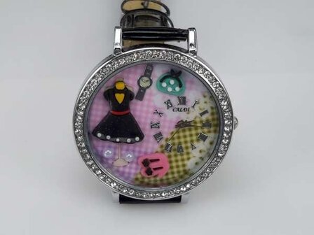 Horloge, zilverkleur, strass, PU leren band, klok: jurkje, buideltje, 3 kleuren