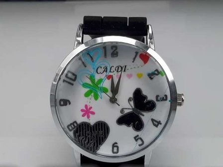 Horloge, zilverkleurig, geribbelde siliconenband, wijzerplaat hartje en vlinder, zwart