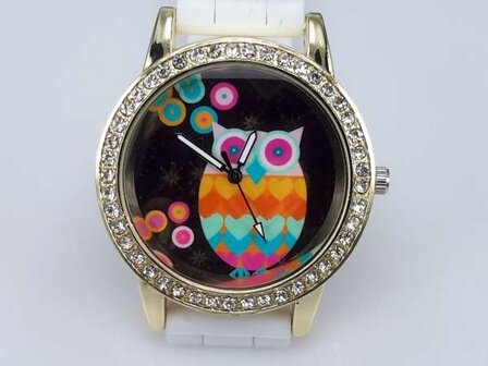 Horloge, goudkleurig, siliconenband, wijzerplaat uil, 3 kleuren