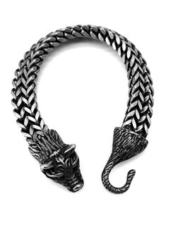 Wolfskopf-Armband f&uuml;r Herren aus geb&uuml;rstetem schwarzem Rauch mit Fischgr&auml;tenglied. L 22 cm