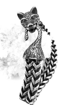 Wolfskopf-Armband f&uuml;r Herren aus geb&uuml;rstetem schwarzem Rauch mit Fischgr&auml;tenglied. L 22 cm