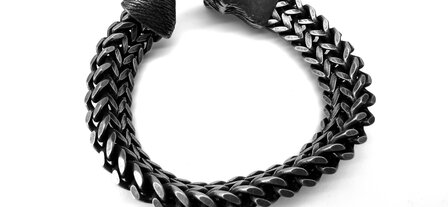 Wolfskopf-Armband f&uuml;r Herren aus geb&uuml;rstetem schwarzem Rauch mit Fischgr&auml;tenglied. L 22 cm