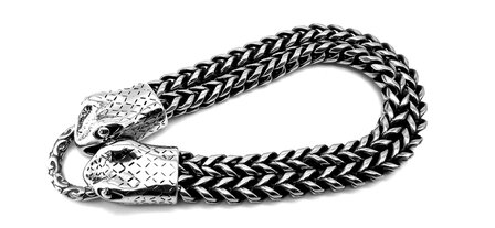 Schlangenkopfarmband aus Stahl f&uuml;r Herren, geb&uuml;rstete Doppelglieder mit Fischgr&auml;tenmuster. L 22 cm