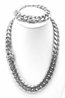 Stalen Set zilverkleurige grove Curb Cuban Link 18mm schakelketting armband met ketting