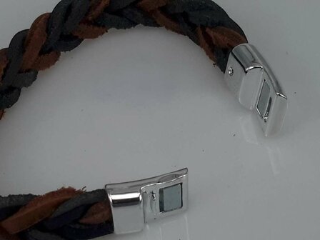 Leren Armband bruin-zwart, gevlochten, magneetsluiting