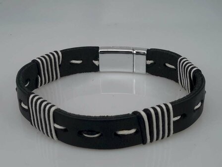 Leren Armband zwart, gestikt zwart-wit, 4 dwars draad, magneetsluiting