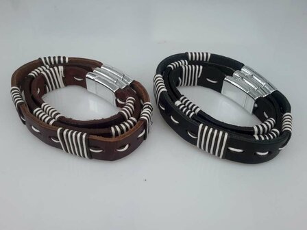 Lederband schwarz, gen&auml;ht schwarz und wei&szlig;, 4 Querdraht , Magnetverschluss