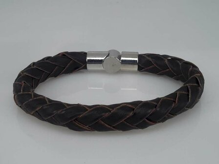 Leren armband bruin, rond gevlochten, magneetsluiting