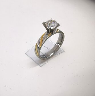 Edelstahl Ringe Silberring mit Goldfarbe schr&auml;gen Streifen besetzt 5mm Zirkonia