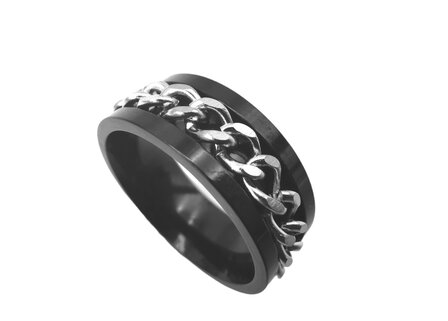 Geb&uuml;rsteter Stahl - Stress - schwarzer Ring mit silberner Gliederkette. 