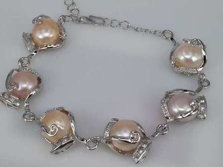 Armband, zilverkleur, met echte 6 zoetwaterparels, ros&eacute;, wit 