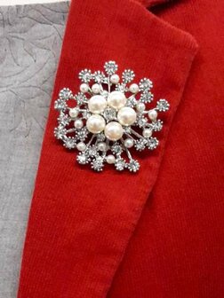 Broche, zilverkleur, rozet, parel, kristal