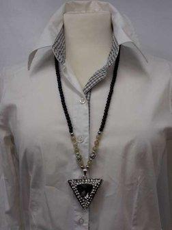 Kralenketting, 75 cm, zwart en zilverkl. kralen en beige edelsteenkralen, 2 kleur verkrijgbaar.         