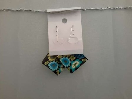 Oorbellen, polymere klei hanger, gebogen vierkant, bloemenreli&euml;f met strass