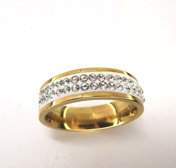 Edelstahl Ringe Goldfarbene Halbrunde mit Doppelreihen aus Zirkonia, box 36 st