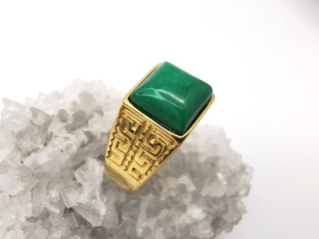 RVS Edelsteen groene Jade goudkleurig Griekse design Ring. Vierkant ringen met beschermsteen