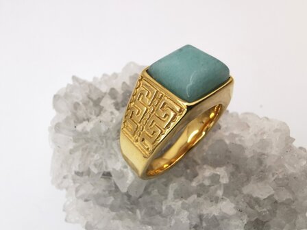 Edelstahl-Edelstein-Gr&uuml;ner Calcit-goldfarbener griechischer Design-Ring. Vierkantringe mit Schutzstein