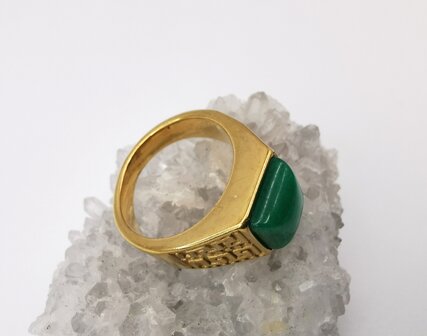 RVS Edelsteen groene Calciet goudkleurig Griekse design Ring. Vierkant ringen met beschermsteen